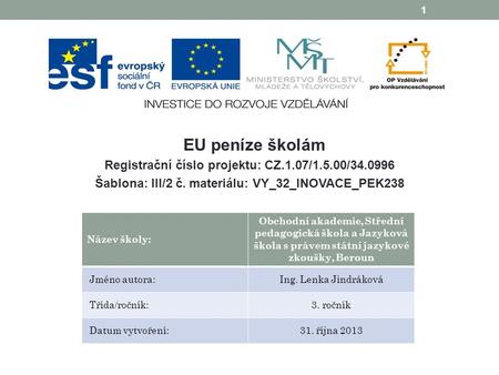 Výukový materiál zpracován v rámci projektu EU peníze školám Registrační číslo projektu: CZ.1.07/1.5.00/34.0996 Šablona: III/2 č. materiálu: VY_32_INOVACE_PEK238.