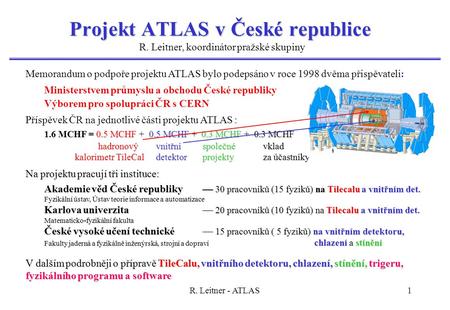 R. Leitner - ATLAS1 Projekt ATLAS v České republice R. Leitner, koordinátor pražské skupiny Memorandum o podpoře projektu ATLAS bylo podepsáno v roce 1998.
