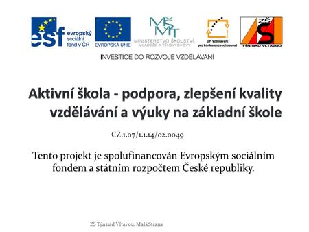Tento projekt je spolufinancován Evropským sociálním fondem a státním rozpočtem České republiky. ZŠ Týn nad Vltavou, Malá Strana CZ.1.07/1.1.14/02.0049.