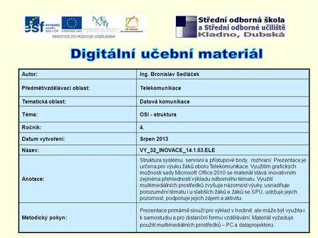 Autor:Ing. Bronislav Sedláček Předmět/vzdělávací oblast:Telekomunikace Tematická oblast:Datová komunikace Téma:OSI - struktura Ročník:4. Datum vytvoření:Srpen.