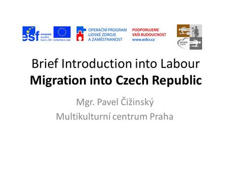 Brief Introduction into Labour Migration into Czech Republic Mgr. Pavel Čižinský Multikulturní centrum Praha.