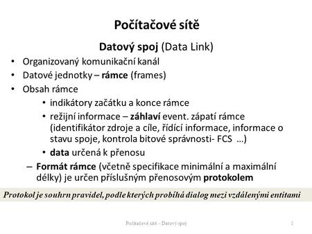 Počítačové sítě Datový spoj (Data Link) Organizovaný komunikační kanál