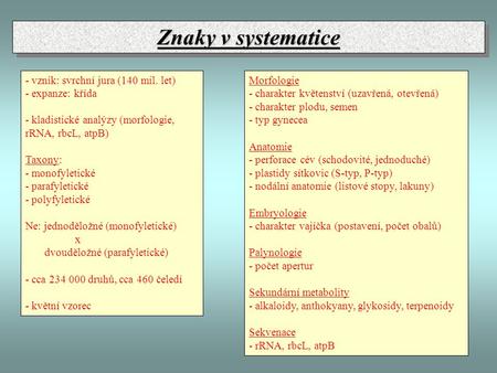 Znaky v systematice - vznik: svrchní jura (140 mil. let)