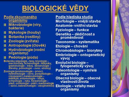 BIOLOGICKÉ VĚDY Podle zkoumaného organismu