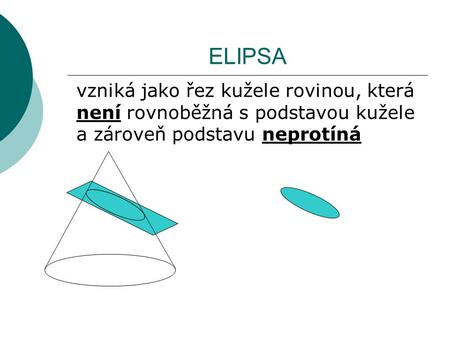 ELIPSA vzniká jako řez kužele rovinou, která není rovnoběžná s podstavou kužele a zároveň podstavu neprotíná.