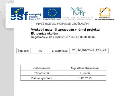 Výukový materiál zpracován v rámci projektu EU peníze školám Registrační číslo projektu: CZ.1.07/1.5.00/34.0996 Šablona:III/2č. materiálu: VY_32_INOVACE_FYZ_38.
