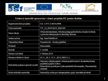 1 Výukový materiál zpracován v rámci projektu EU peníze školám Registrační číslo projektuCZ. 1.07/1.5.00/34.0996 Číslo materiáluVY_32_INOVACE_EKO165 Název.