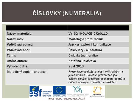 Název materiálu:VY_32_INOVACE_CJ2r0110 Název sady:Morfologie pro 2. ročník Vzdělávací oblast:Jazyk a jazyková komunikace Vzdělávací obor:Český jazyk a.