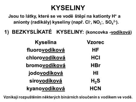 KYSELINY 1) BEZKYSLÍKATÉ KYSELINY: (koncovka -vodíková) Kyselina