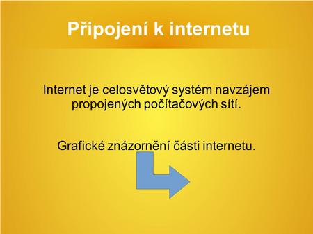 Připojení k internetu Internet je celosvětový systém navzájem propojených počítačových sítí. Grafické znázornění části internetu.