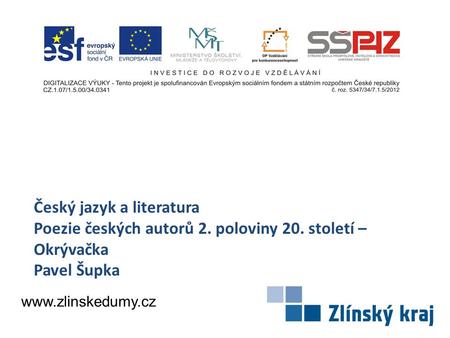 Český jazyk a literatura Poezie českých autorů 2. poloviny 20. století – Okrývačka Pavel Šupka www.zlinskedumy.cz.