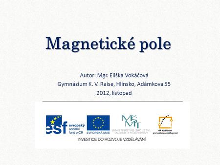 Magnetické pole Autor: Mgr. Eliška Vokáčová