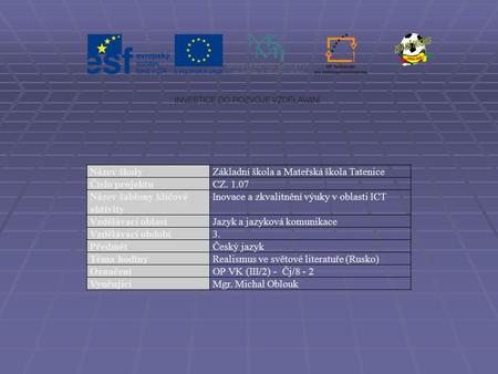 Název školy Základní škola a Mateřská škola Tatenice Číslo projektu