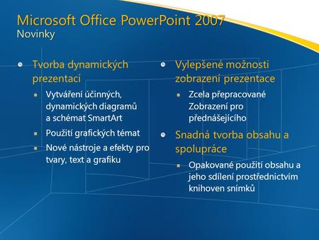 Tvorba dynamických prezentací Vytváření účinných, dynamických diagramů a schémat SmartArt Použití grafických témat Nové nástroje a efekty pro tvary, text.