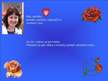 Milá Jarmilko, posílám pozdrav, zasloužíž si mnohem více. Já vím, známe se jen krátce. Přátelství je jako láska a mnohdy pohladí otevřené srdce...