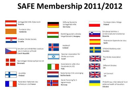 SAFE Membership 2011/2012 The Stroke Association UK Different Strokes UK Aivoliitto Finland Fundacja Udaru Mózgu Poland Philanthropy International fund.
