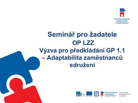 Seminář pro žadatele OP LZZ Výzva pro předkládání GP 1.1 – Adaptabilita zaměstnanců sdružení.