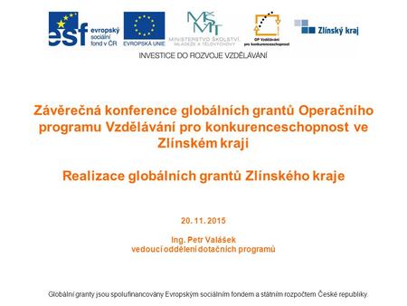 Globální granty jsou spolufinancovány Evropským sociálním fondem a státním rozpočtem České republiky. Závěrečná konference globálních grantů Operačního.