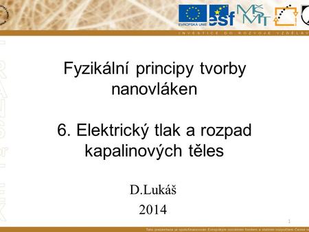 1 Fyzikální principy tvorby nanovláken 6. Elektrický tlak a rozpad kapalinových těles D.Lukáš 2014.