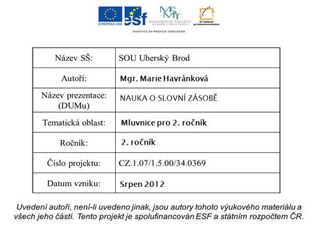 Mgr. Marie Havránková NAUKA O SLOVNÍ ZÁSOBĚ Mluvnice pro 2. ročník 2. ročník Srpen 2012.