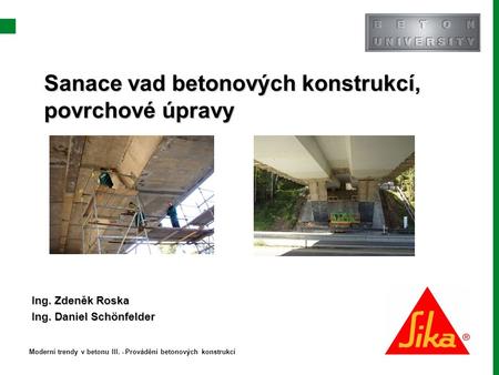 Sanace vad betonových konstrukcí, povrchové úpravy Sanace vad betonových konstrukcí, povrchové úpravy Ing. Zdeněk Roska Ing. Daniel Schönfelder Moderní.