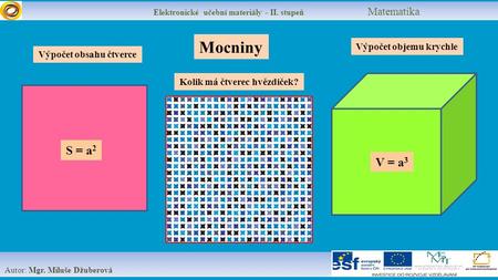 Elektronické učební materiály - II. stupeň Matematika Autor: Mgr. Miluše Džuberová Mocniny Výpočet obsahu čtverce Kolik má čtverec hvězdiček? Výpočet objemu.