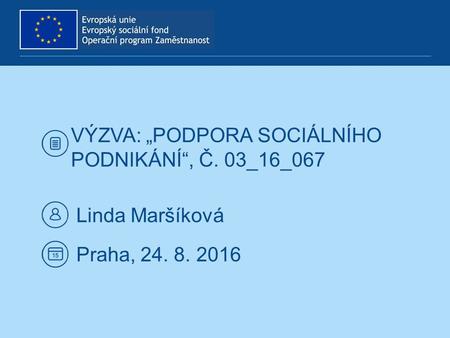 VÝZVA: „PODPORA SOCIÁLNÍHO PODNIKÁNÍ“, Č. 03_16_067 Linda Maršíková Praha, 24. 8. 2016.