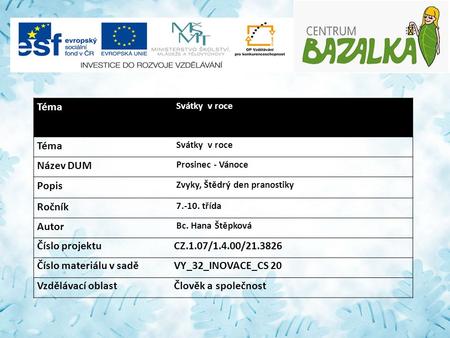 Téma Svátky v roce Téma Svátky v roce Název DUM Prosinec - Vánoce Popis Zvyky, Štědrý den pranostiky Ročník 7.-10. třída Autor Bc. Hana Štěpková Číslo.