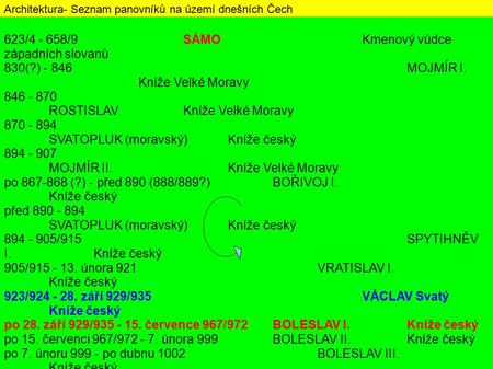 Architektura- Seznam panovníků na území dnešních Čech 623/4 - 658/9SÁMOKmenový vůdce západních slovanů 830(?) - 846 MOJMÍR I. Kníže Velké Moravy 846 -