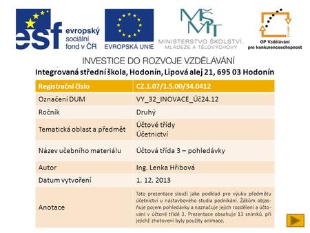 Integrovaná střední škola, Hodonín, Lipová alej 21, 695 03 Hodonín Registrační čísloCZ.1.07/1.5.00/34.0412 Označení DUMVY_32_INOVACE_Úč24.12 RočníkDruhý.