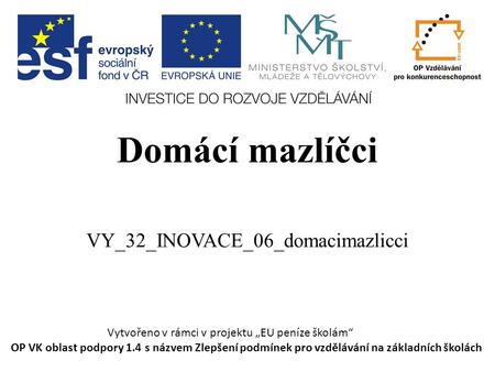Domácí mazlíčci VY_32_INOVACE_06_domacimazlicci Vytvořeno v rámci v projektu „EU peníze školám“ OP VK oblast podpory 1.4 s názvem Zlepšení podmínek pro.
