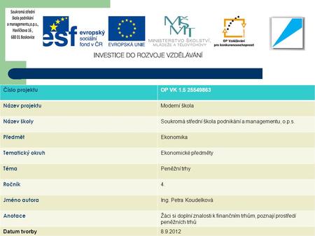 Číslo projektu OP VK 1.5 25549863 Název projektu Moderní škola Název školy Soukromá střední škola podnikání a managementu, o.p.s. Předmět Ekonomika Tematický.