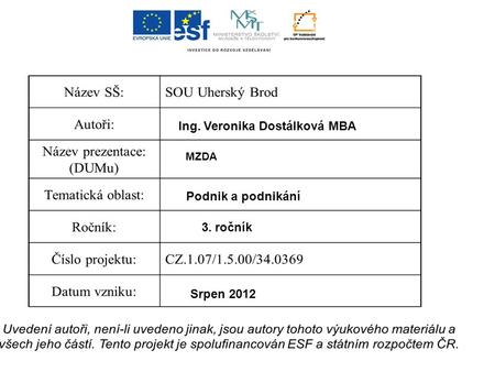 Ing. Veronika Dostálková MBA MZDA Podnik a podnikání 3. ročník Srpen 2012.