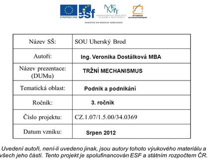 Ing. Veronika Dostálková MBA TRŽNÍ MECHANISMUS Podnik a podnikání 3. ročník Srpen 2012.