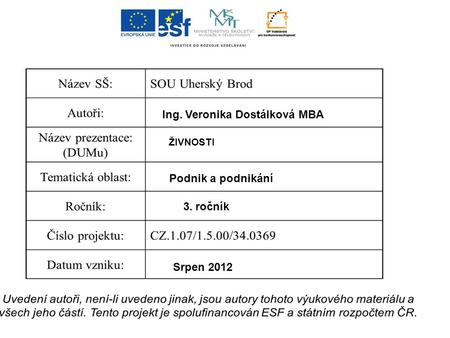Ing. Veronika Dostálková MBA ŽIVNOSTI Podnik a podnikání 3. ročník Srpen 2012.