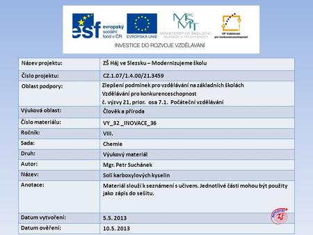 Název projektu:ZŠ Háj ve Slezsku – Modernizujeme školu Číslo projektu:CZ.1.07/1.4.00/21.3459 Oblast podpory: Zlepšení podmínek pro vzdělávání na základních.