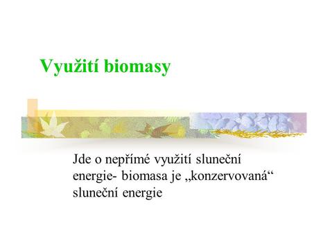 Jde o nepřímé využití sluneční energie- biomasa je „konzervovaná“ sluneční energie.