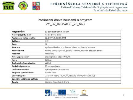 Poškození dřeva houbami a hmyzem VY_32_INOVACE_28_568 Projekt MŠMTEU peníze středním školám Název projektu školyICT do života školy Registrační číslo projektuCZ.1.07/1.5.00/34.0771.