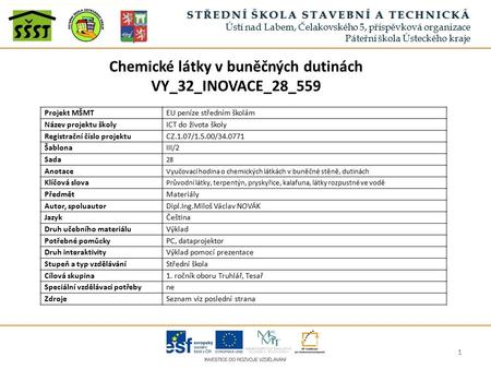 Chemické látky v buněčných dutinách VY_32_INOVACE_28_ STŘEDNÍ ŠKOLA STAVEBNÍ A TECHNICKÁSTŘEDNÍ ŠKOLA STAVEBNÍ A TECHNICKÁ Ústí nad Labem, Čelakovského.