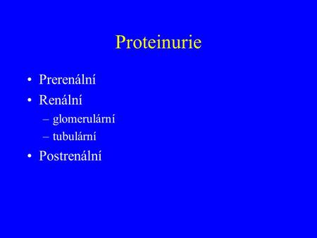 Proteinurie Prerenální Renální glomerulární tubulární Postrenální.