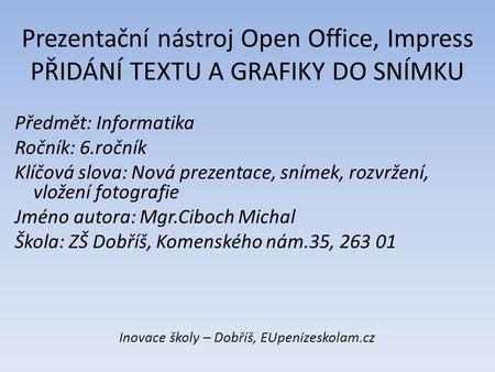 Inovace školy – Dobříš, EUpenizeskolam.cz