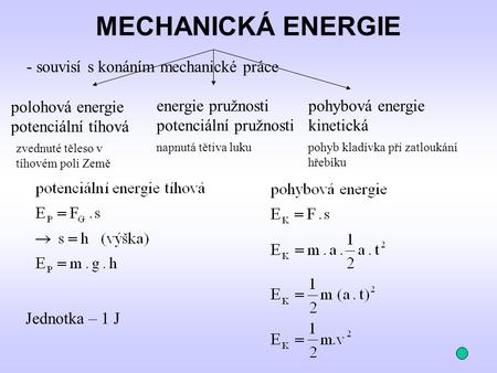 MECHANICKÁ ENERGIE souvisí s konáním mechanické práce polohová energie