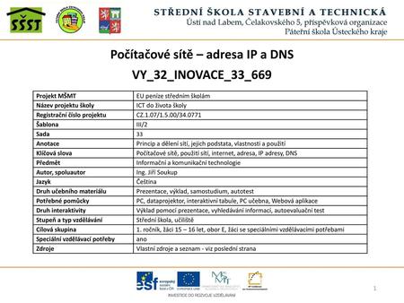 Počítačové sítě – adresa IP a DNS