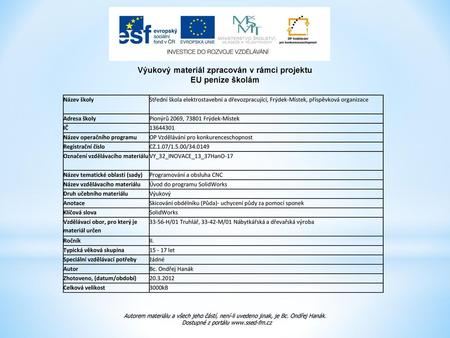 Výukový materiál zpracován v rámci projektu EU peníze školám