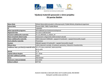 Výukový materiál zpracován v rámci projektu