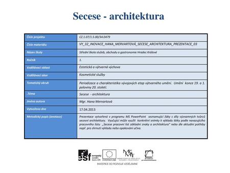 Secese - architektura Číslo projektu CZ.1.07/1.5.00/ Číslo materiálu