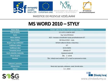 MS WORD 2010 – STYLY  Název školy