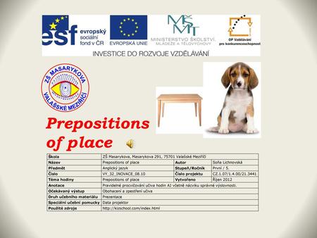 Prepositions of place Škola
