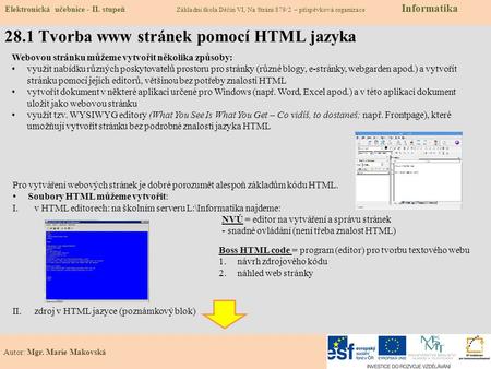 28.1 Tvorba www stránek pomocí HTML jazyka