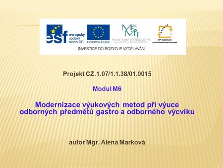 Projekt CZ.1.07/1.1.38/01.0015 Modul M6 Modernizace výukových metod při výuce odborných předmětů gastro a odborného výcviku autor Mgr. Alena Marková.